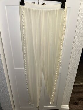 Cream Sheer Pom-Pom Trim beach swim cover up lounge Pants